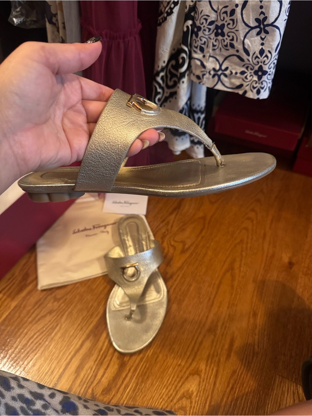 Salvatore Ferragamo Metallic Gold Thong Sandals with Signature Gancini - Picture 4 of 9